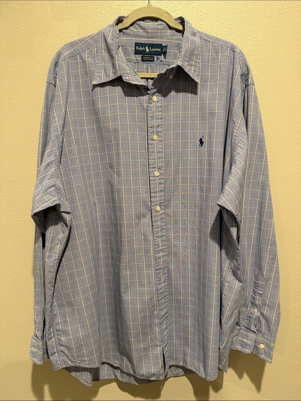 Ralph Lauren Blue and Yellow Plaid Cotton Button-Down Shirt Size: 18 36/38